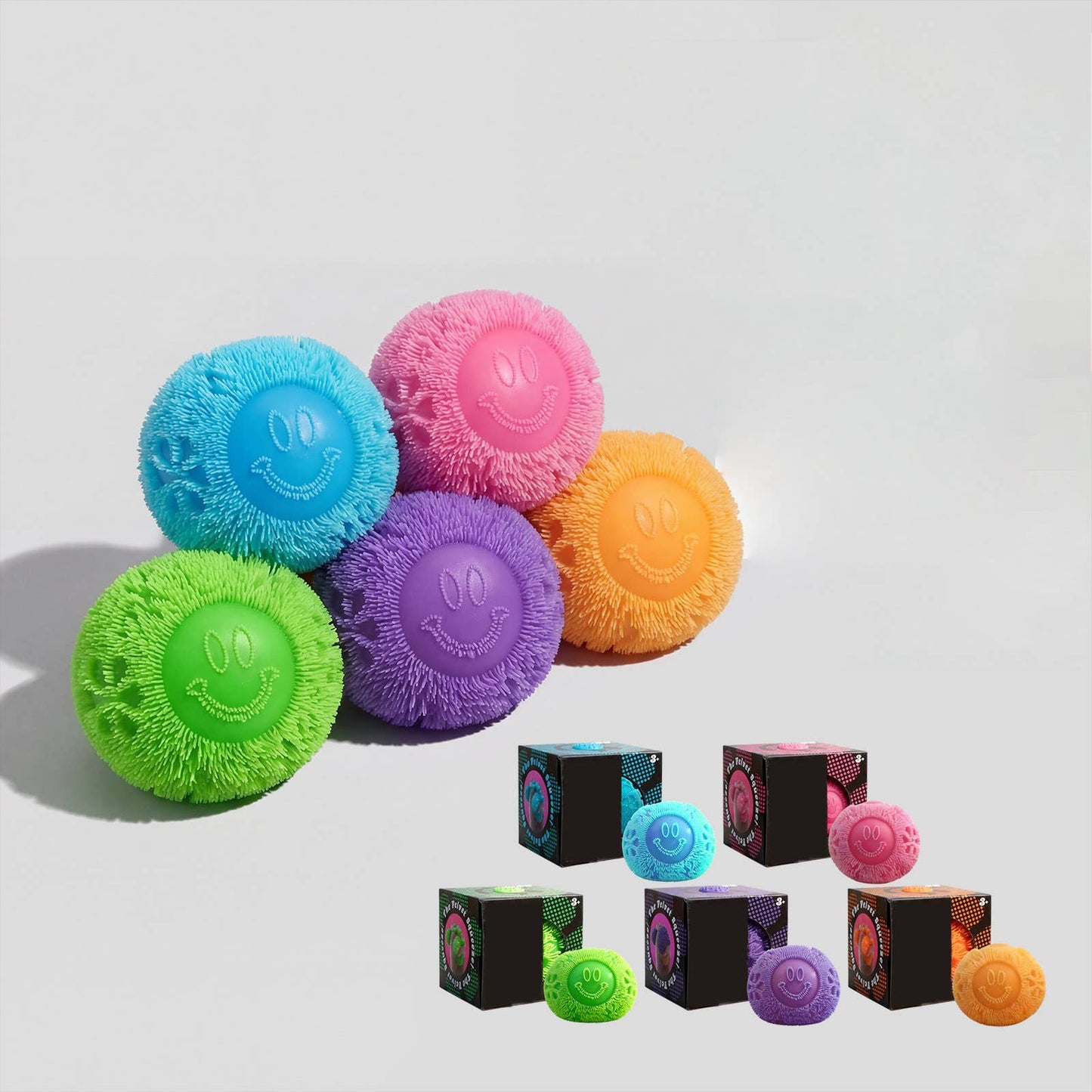 Smiley fuzz ball flower power stress ball squishy toy